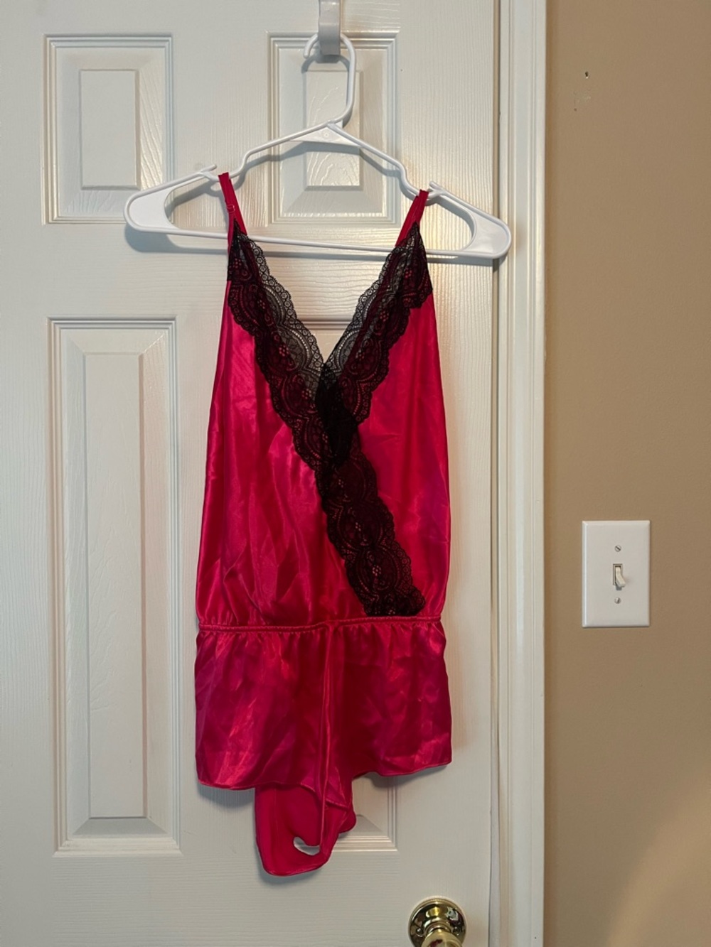 Victoria's Secret Hot Pink Satin Chemise Romper with Black Lace Trim